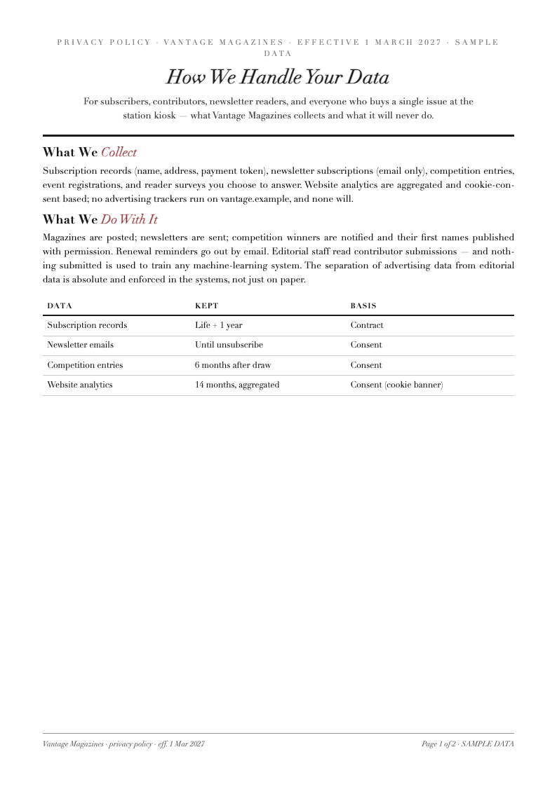 Editorial magazine privacy policy